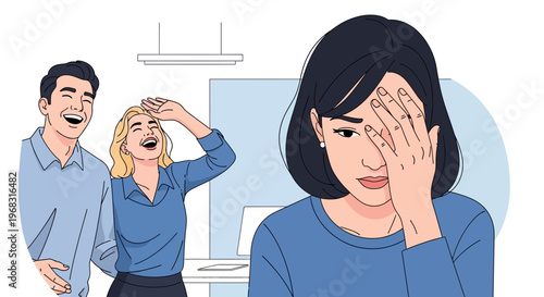 Woman feeling embarrassed and sad while others laugh.