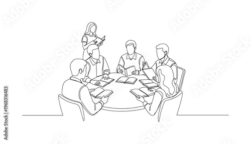 Book Club Discussion. Minimalistic one-line drawing group of individuals with books open, chatting, continuous single black line on white background, simple