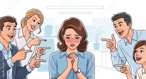 Woman feeling embarrassed and ashamed as colleagues point and laugh.
