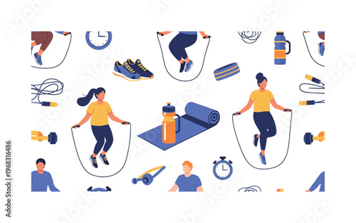 jumping rope seamless pattern, repeating pattern, surface design, textile print, modern illustration of people skipping rope, fitness ropes,