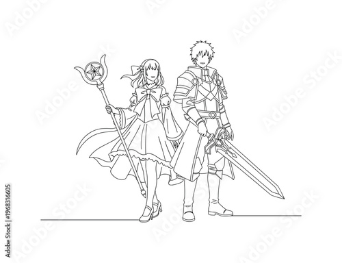 Cosplay Lovers. Minimalistic one-line drawing pair of anime cosplayers holding props and posing, continuous single black line on white background, simple