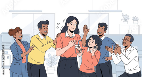 Woman feeling overwhelmed by colleagues in office setting.