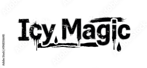 Icy Magic. lettering and all elements in black. Vector style. AWhite background. Pure white background. Perfect isolation and visual consistency. Grunge