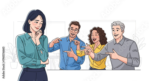 Woman feeling shy and embarrassed in front of laughing colleagues.