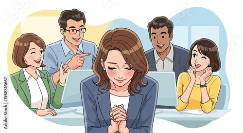 Woman feeling shy and embarrassed in front of colleagues.