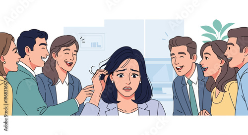 Woman feeling stressed and anxious surrounded by laughing people.