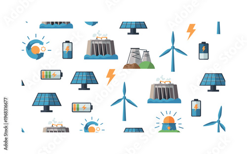 sustainable energy seamless pattern, repeating pattern, surface design, textile print, modern illustration of solar panels, wind turbines, hydroelectric dams,