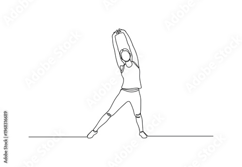 Arm and Leg Warm-Up. Minimalistic one-line drawing person stretching arms upward and legs forward, continuous single black line on white background, simple