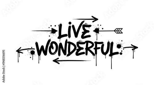 Live Wonderful. lettering and all elements in black. Vector style. AWhite background. Pure white background. Perfect isolation and visual consistency. Dynamic
