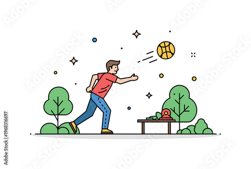 Throwing a ball frisbee alternative concept where a ball is thrown in a park-like setting while small sparkle and line icons emphasize movement, engagement,