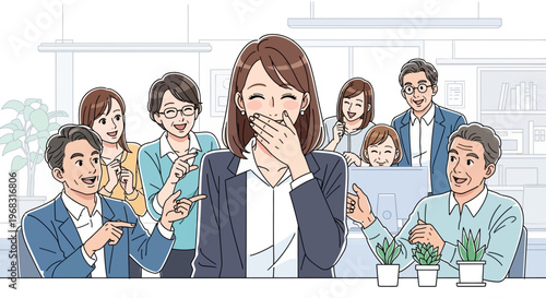 Woman laughing heartily with colleagues around her.