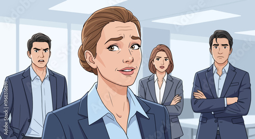 Woman looking worried in front of angry colleagues.