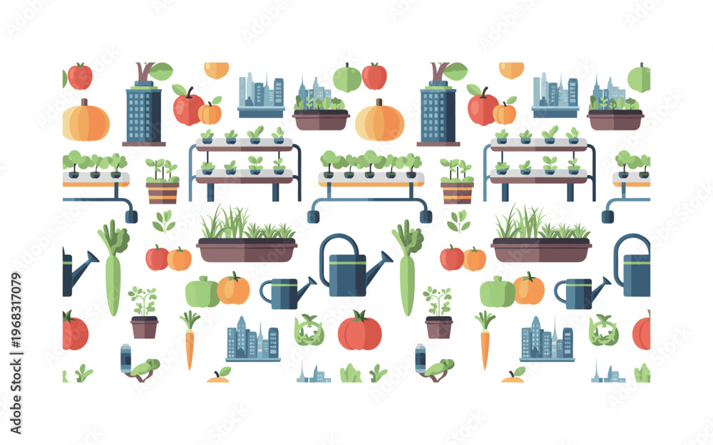 Fototapeta premium sustainable city patterns seamless pattern, repeating pattern, surface design, textile print, modern illustration of vegetables, fruits, rooftop gardens,