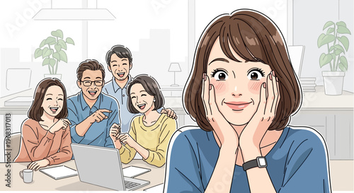 Young Woman Expressing Joy and Excitement with Hands on Cheeks.