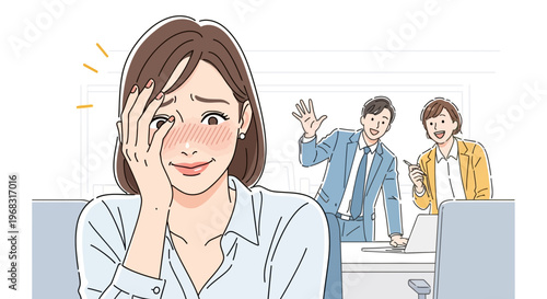 Young woman feeling embarrassed and stressed at work.