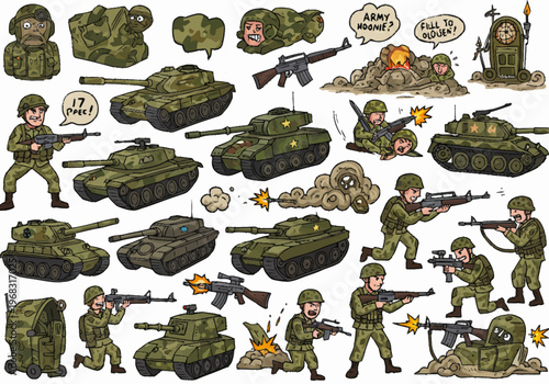 Soldiers in combat gear engage enemy forces with tanks and guns in a war zone scenario depicted through illustrations.