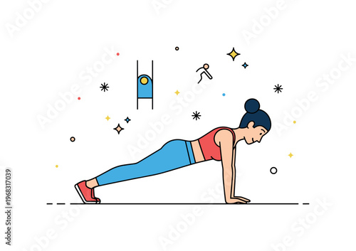 Posture balance exercise concept where a person performs a plank pose while tiny sparkle and star icons highlight core strength, alignment, and fitness