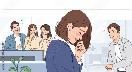 Young woman feeling embarrassed in office setting surrounded by laughing colleagues.