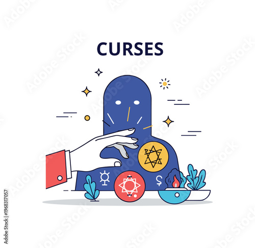 Curses shadowy figure curse casting concept where a mysterious hand hovers over symbols while tiny sparkle and line icons highlight magical intent, secrecy,