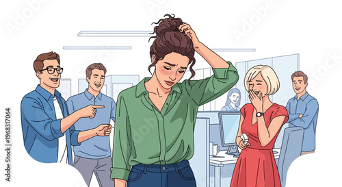 Young woman feeling stressed and embarrassed in office setting.