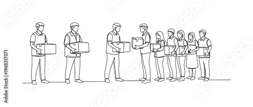 Relief Aid Distribution. Minimalistic one-line drawing volunteers handing boxes to people, continuous single black line on white background, simple outline