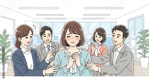 Young woman overwhelmed with joy surrounded by supportive colleagues.