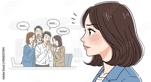 Young woman looking worried while colleagues whisper behind her back.