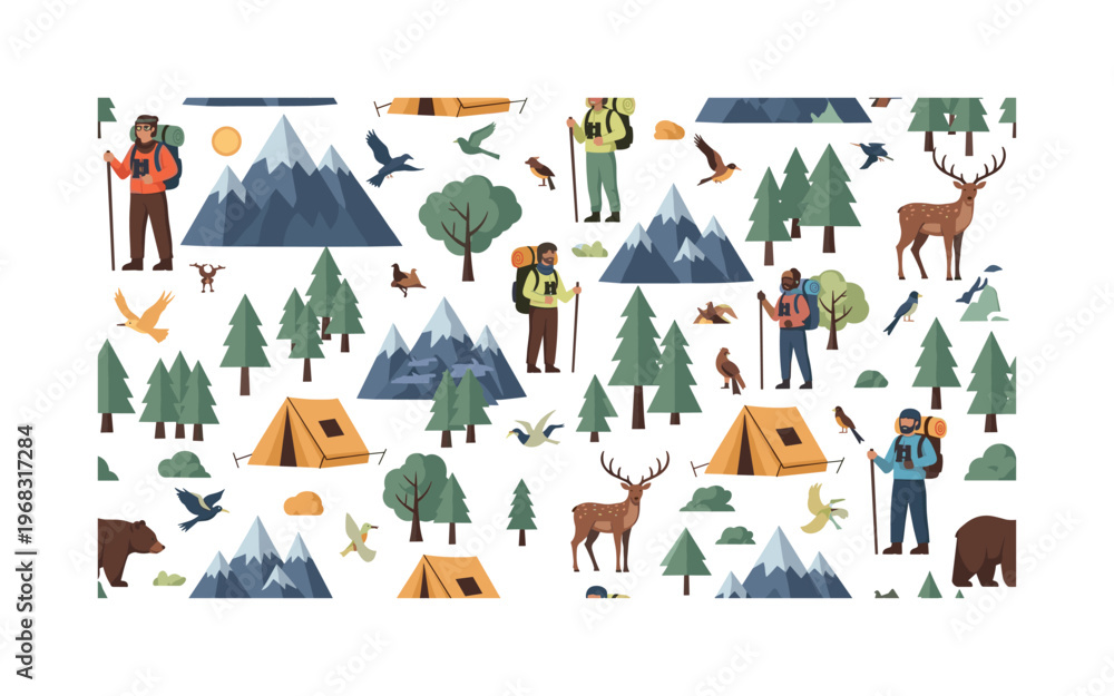 Fototapeta premium nature tourism patterns seamless pattern, repeating pattern, surface design, textile print, modern illustration of travelers, eco-friendly tents, mountains,