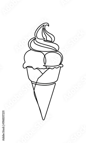 Ice Cream Illustration. Minimalistic one-line drawing cone with scoop and decorative swirl on top, continuous single black line on white background, simple