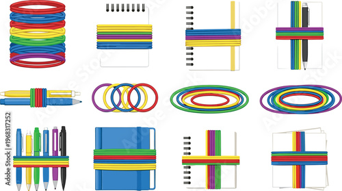 Colorful office stationery set with notebooks pens and papers bundled with elastic rubber bands for school organization and productivity designsColorful office stationery set with notebooks pens and p