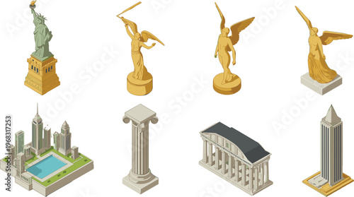 Isometric famous landmarks set, Statue of Liberty, angel statues, skyscrapers, classical architecture, cityscape elements, historical monuments, 3D illustration collection