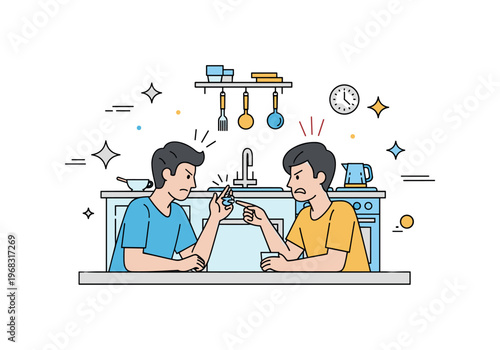 Fight between friends kitchen disagreement scene where friends argue over a small mistake while small sparkle and line icons emphasize tension, frustration,