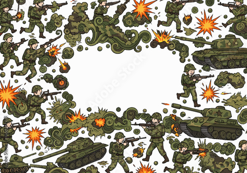 Soldiers and tanks engage in intense combat with explosions in a war zone during daytime.