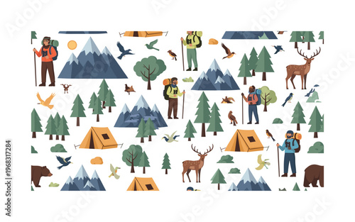 nature tourism patterns seamless pattern, repeating pattern, surface design, textile print, modern illustration of travelers, eco-friendly tents, mountains,