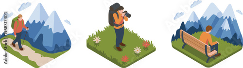 Isometric hiking adventure illustration, mountain trekking, outdoor photography, traveler lifestyle scene, nature exploration, scenic landscape, tourism concept, camping activity