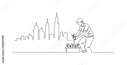Urban Gardening. Minimalistic one-line drawing person planting seedlings with city skyline in background, continuous single black line on white background,