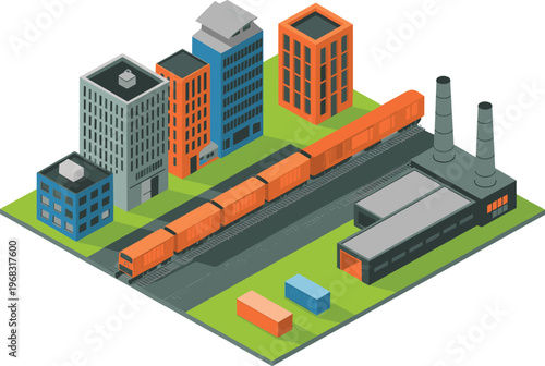 Isometric industrial city illustration, cargo train with containers factories and buildings, urban logistics transport system, detailed vector infrastructure design