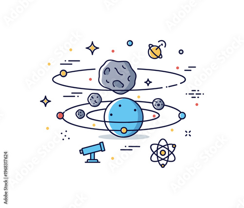 Asteroids asteroid gravity field concept where asteroids orbit a planet influenced by physics while small sparkle and line icons emphasize celestial mechanics,