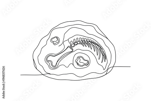 Fossil Fragments. Minimalistic one-line drawing partial skeleton or bone fragments in rock, continuous single black line on white background, simple outline