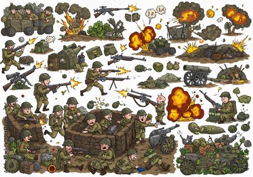 Soldiers engage in combat with various military vehicles and equipment in a war-torn landscape with explosions
