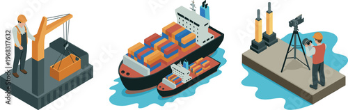 Isometric industrial logistics set, cargo ship, crane operator, port inspection, shipping containers, maritime transport, global trade, supply chain illustration