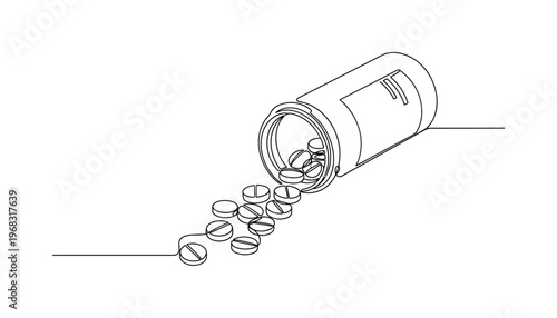 Medication. Minimalistic one-line drawing prescription bottle with pills spilling out, continuous single black line on white background, simple outline style,