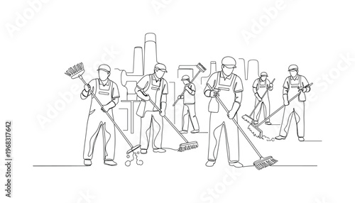 Workplace Sanitation. Minimalistic one-line drawing employees with cleaning tools maintaining factory hygiene, continuous single black line on white
