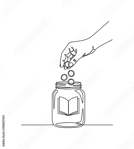 Fundraising for Education. Minimalistic one-line drawing hand dropping coins into jar with book icon on it, continuous single black line on white background,