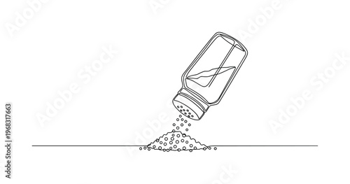Accidental Sprinkle. Minimalistic one-line drawing salt grains spilling from shaker onto table, continuous single black line on white background, simple