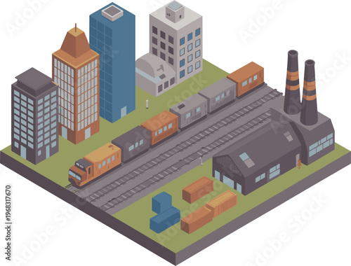 Isometric industrial city scene, railway cargo train with factories warehouses and buildings, urban logistics transport concept, detailed vector illustration design