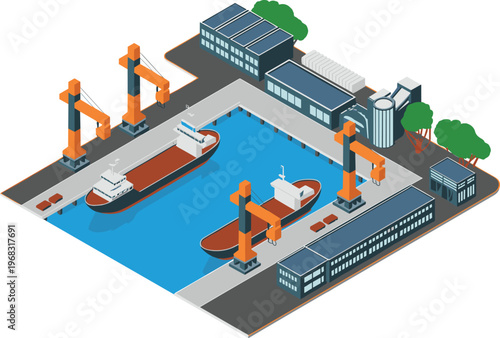 Isometric industrial port scene, cargo ships, harbor cranes, warehouse logistics, maritime transport, global trade, shipping terminal, supply chain illustration
