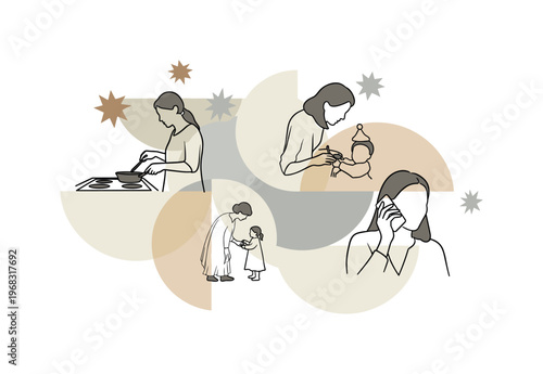 daily mom routine abstract circles semicircles and abstract star icons vintage monochrome mom cooking, supervising child, and handling calls with multitasking