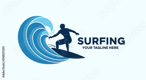 Surfing Wave Illustration – Surfer Riding Ocean Wave Water Sport Concept
