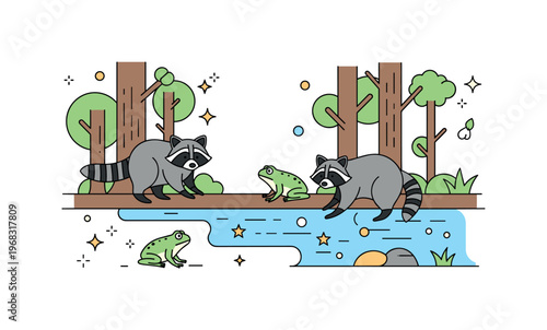 Forest animals stream crossing scene where raccoons and frogs navigate a forest stream while tiny sparkle and star icons highlight wildlife behavior, ecosystem